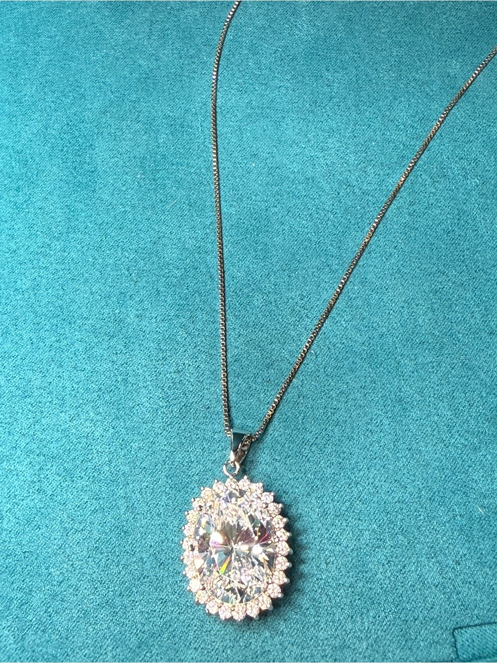 Diamonique Sterling Silver Large Oval Halo CZ Pendant Necklace 925